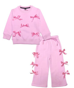 Pink Ribbon Stylish Bow Fleece Sweat with Flare Trouser - Baby Pink