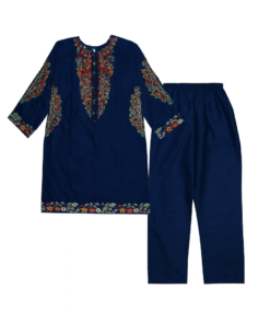Preety Florals Embroiderd Cotton Kameez & Trouser - Navy Blue