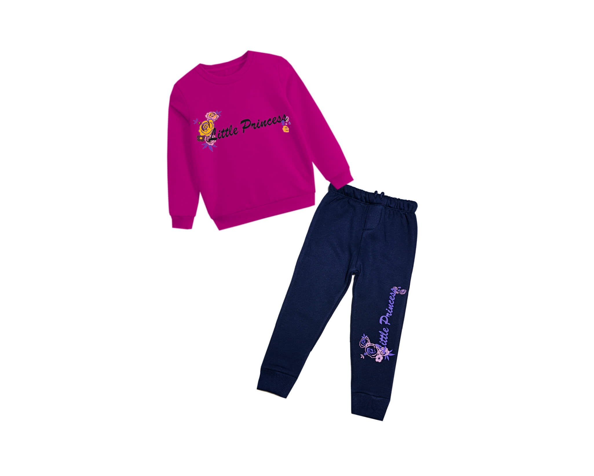 Little Princes Flowers Fleece Tracksuit - Shocking Pink & Navy Blue