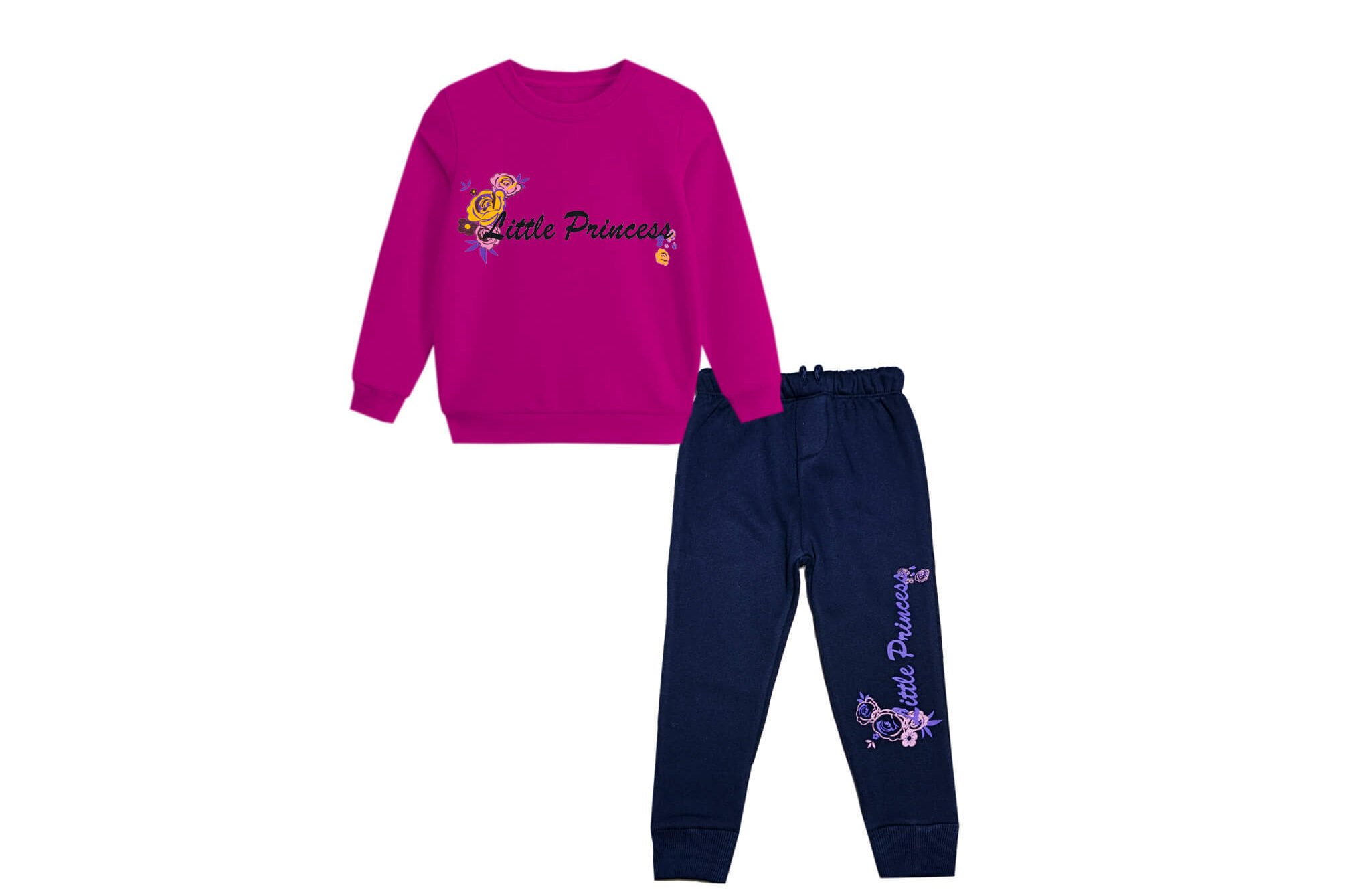 Little Princes Flowers Fleece Tracksuit - Shocking Pink & Navy Blue