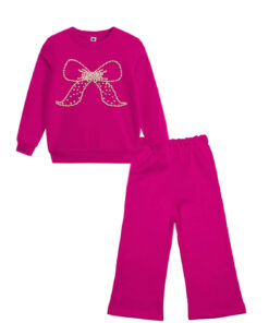 Pearls Hand Made Bow Fleece Sweat with Flare Trouser - Shocking Pink