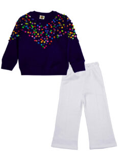 Snap Embellishmint Sweatshirt with Flare Trouser Suit - Navy Blue & Ash White