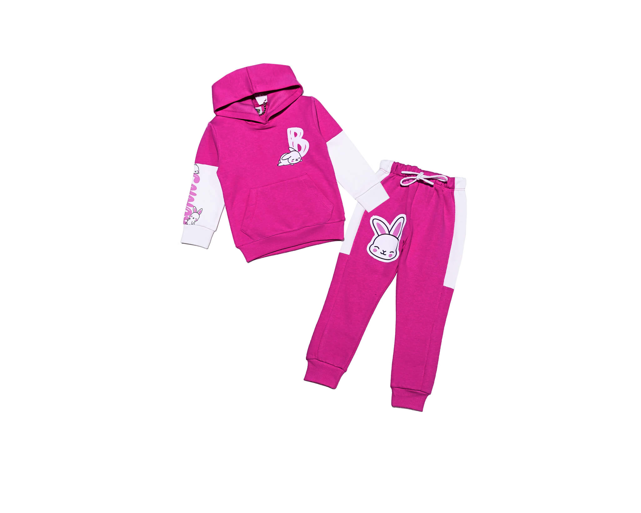 Happy Bunny Penal Fleece Hoodie Tracksuit - Shocking Pink & White