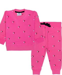 Red & white Hearts Fleece Tracksuit - Pink