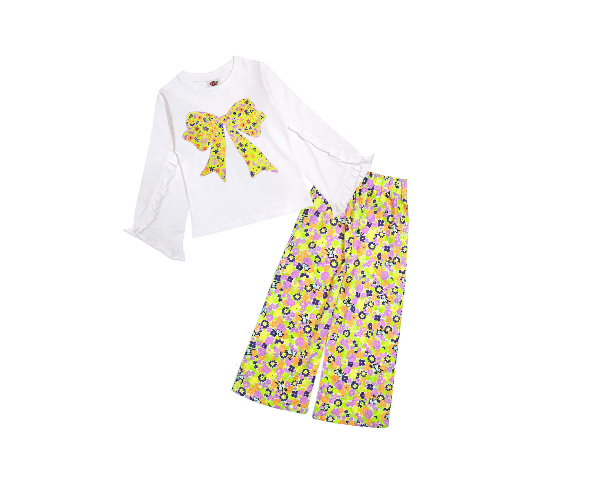 Sunshine Floral Bow Palazzo Set - White & Yellow