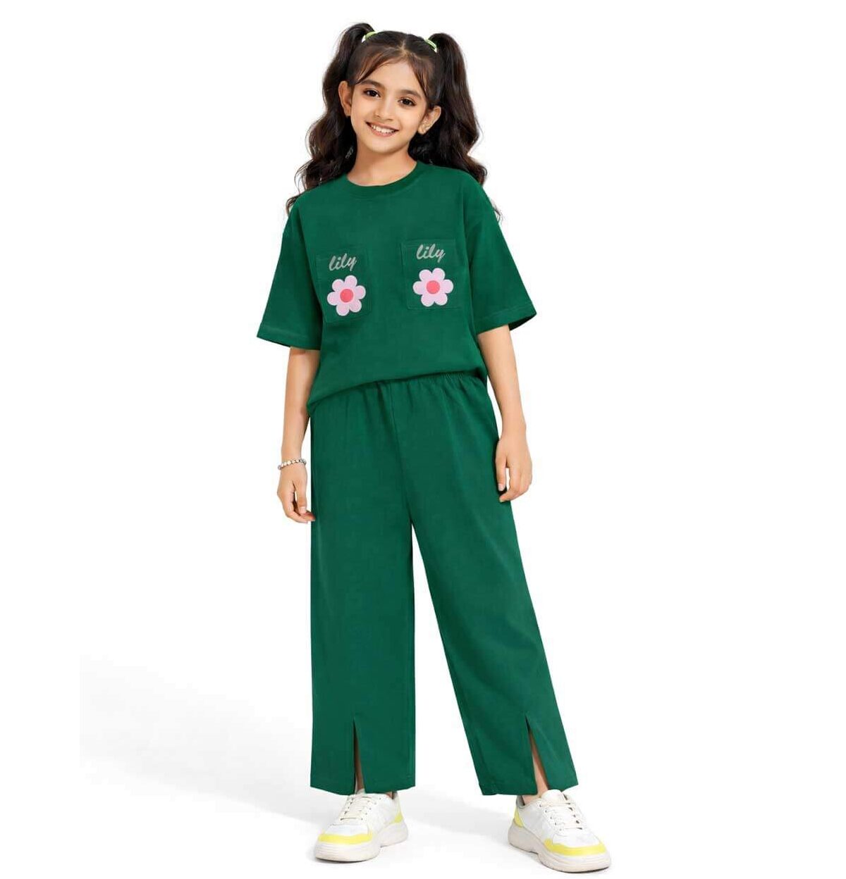 Lilly Flowers Double Flap Pocket Shirt & Bottom Cut Flare Trouser – Green