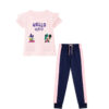 Hello Girls Front Pockets Frill Half Sleeve Tee & Trouser - Peach Pink & Navy Blue