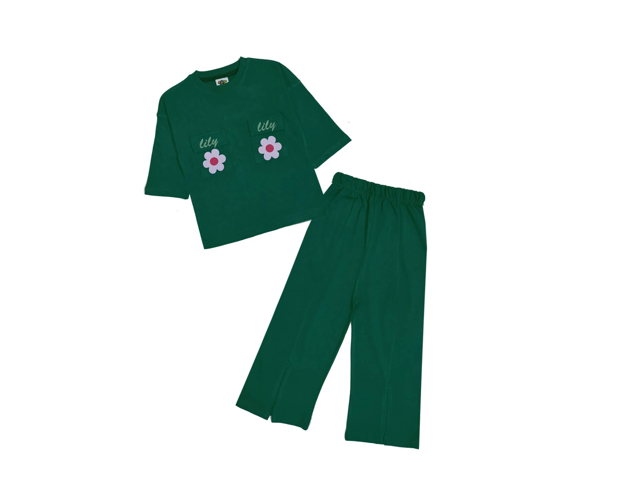 LC-030226-Lilly Flowers Double Flap Pocket Shirt & Bottom Cut Flare Trouser - Green