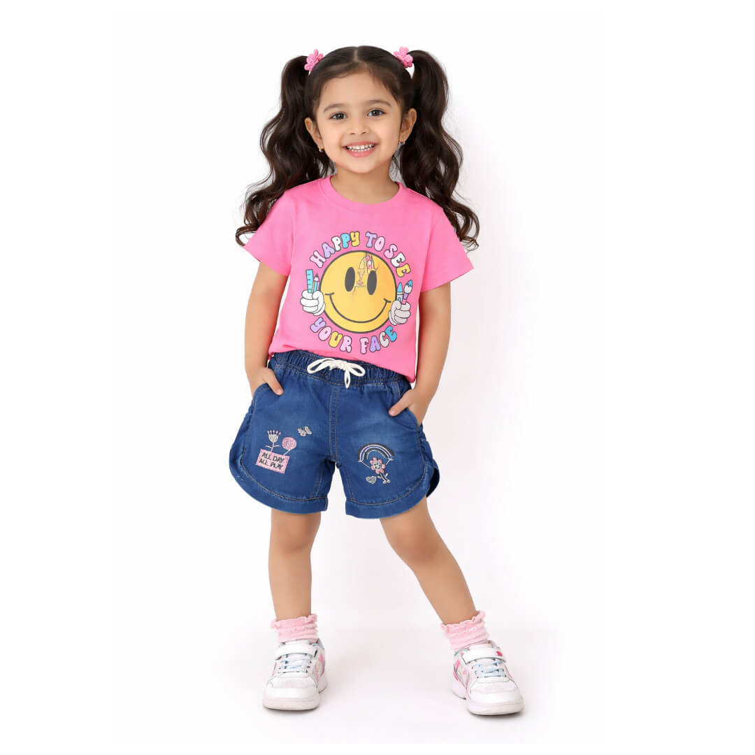 Happy Emoji Face Tee Shirt & Stylish Round Bottom Denim Short